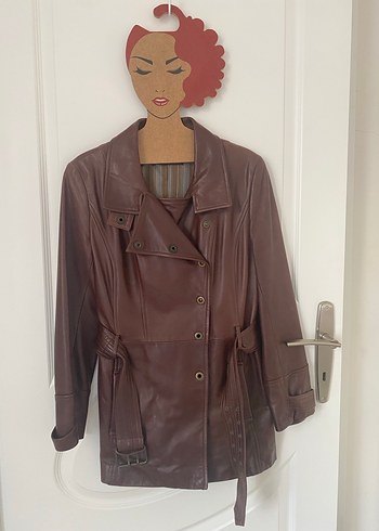 Kahverengi Deri Kemerli Kadın Ceket - Görsel 8