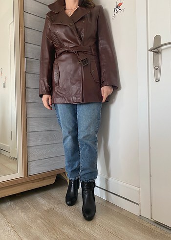Kahverengi Deri Kemerli Kadın Ceket - Görsel 5
