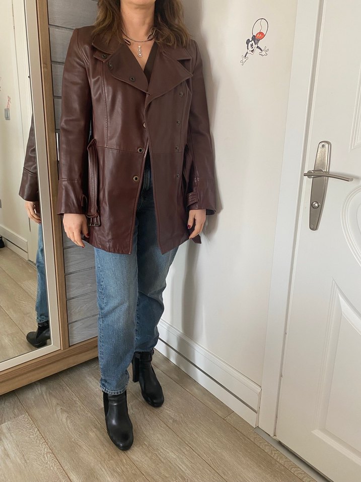 Kahverengi Deri Kemerli Kadın Ceket - Görsel 2