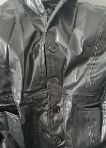 Kadın Siyah Deri Midi Ceket - Görsel 4