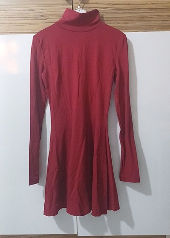 Bordo Yüksek Yakalı Uzun Kollu penye Elbise