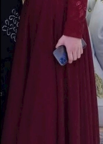 Bordo Uzun Kollu Drapeli Uzun Abiye Elbise