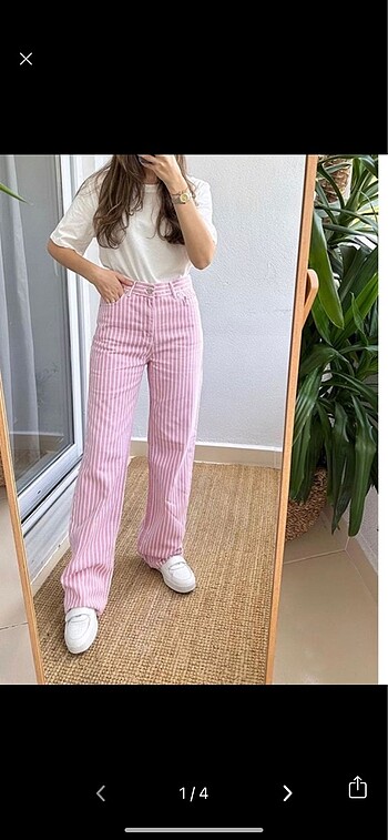 s Beden Mango Pembe Çizgili Jean