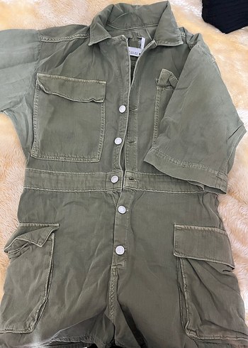 Düğmeli Yeşil Kadın Keten Şort  Tulum - Görsel 4