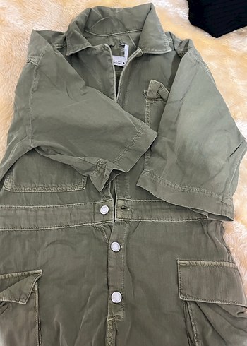 Düğmeli Yeşil Kadın Keten Şort  Tulum - Görsel 5