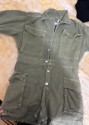 Düğmeli Yeşil Kadın Keten Şort  Tulum - Görsel 2