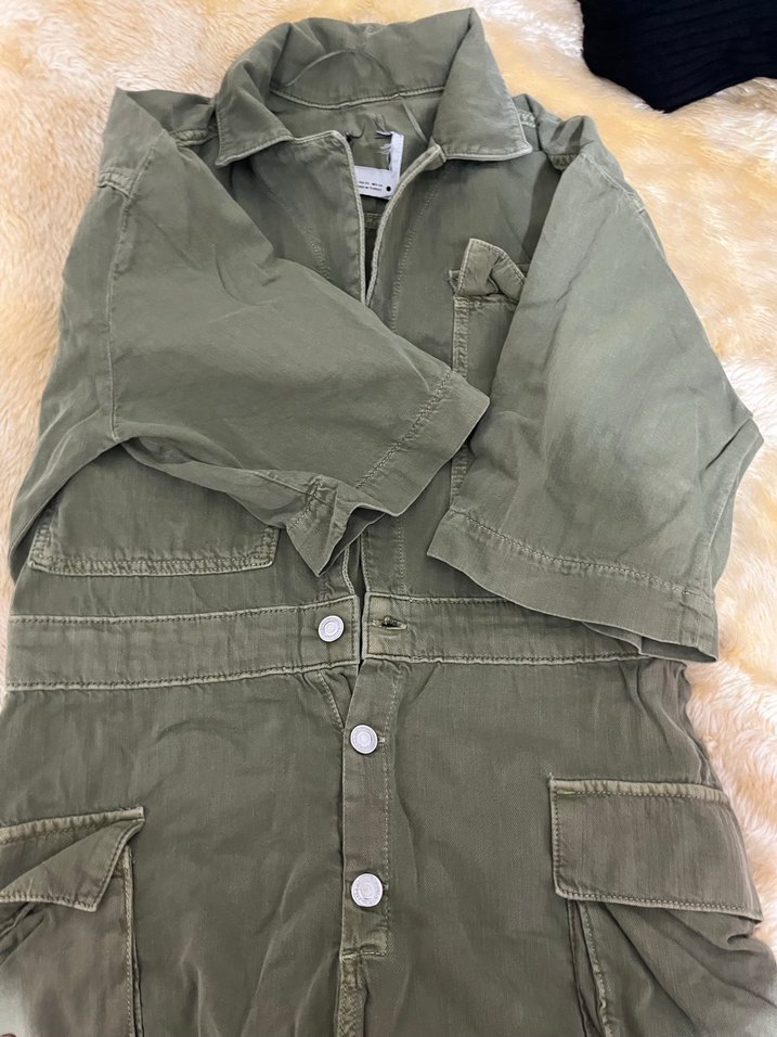 Düğmeli Yeşil Kadın Keten Şort  Tulum - Görsel 5