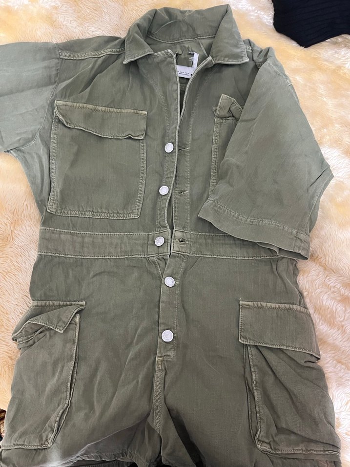 Düğmeli Yeşil Kadın Keten Şort  Tulum - Görsel 3