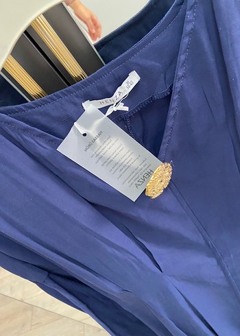 Uzun Kollu, V Yaka, Drapeli Mavi Kadın Elbise - Görsel 4