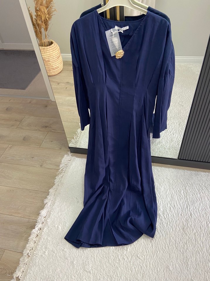 Uzun Kollu, V Yaka, Drapeli Mavi Kadın Elbise - Görsel 3