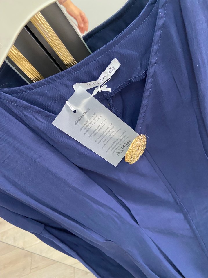 Uzun Kollu, V Yaka, Drapeli Mavi Kadın Elbise - Görsel 4