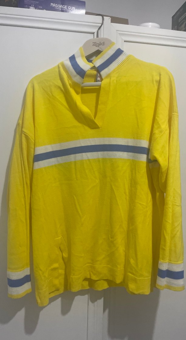 Sarı V Yaka Çizgili Kadın Triko - Görsel 2