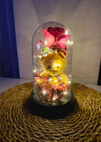 Işıklı Fanus Ayıcık ve Çiçek Dekoru - Görsel 2