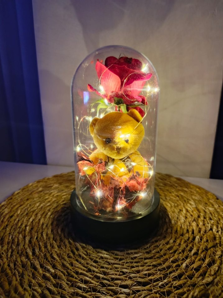 Işıklı Fanus Ayıcık ve Çiçek Dekoru - Görsel 2