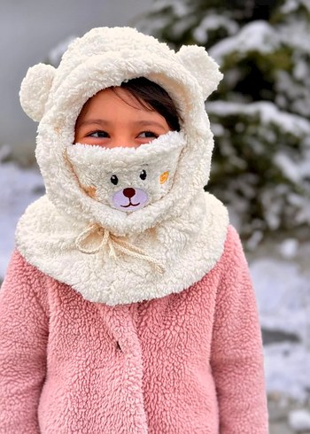 Nakışlı Krem ve Kahverengi Peluş Çocuk Şapkası - Görsel 4