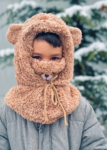 Nakışlı Krem ve Kahverengi Peluş Çocuk Şapkası - Görsel 3