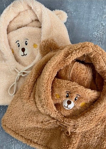 Nakışlı Krem ve Kahverengi Peluş Çocuk Şapkası - Görsel 2