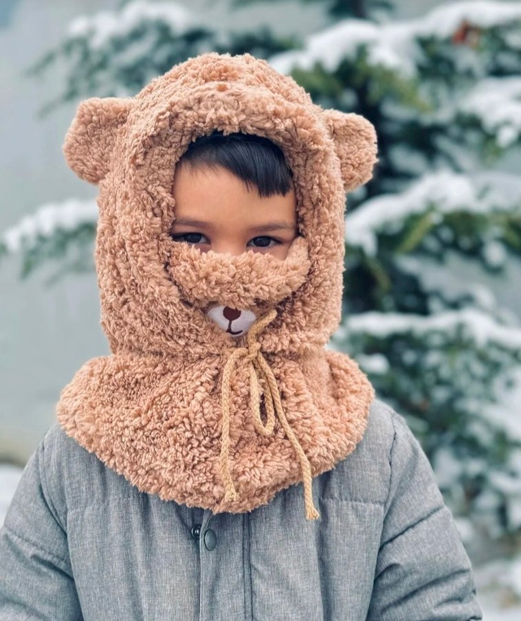 Nakışlı Krem ve Kahverengi Peluş Çocuk Şapkası - Görsel 3