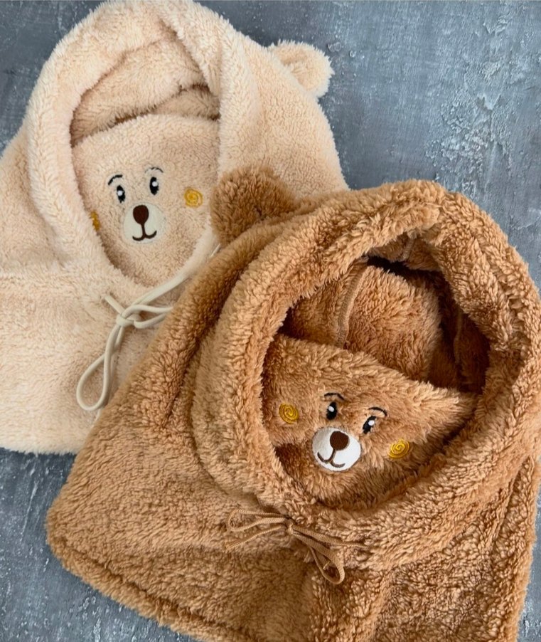 Nakışlı Krem ve Kahverengi Peluş Çocuk Şapkası - Görsel 2