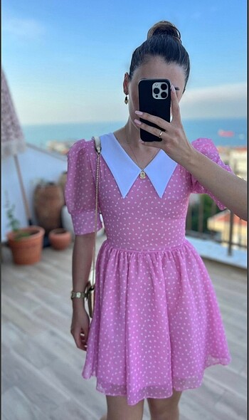 m Beden Pembe kalp desenli elbise