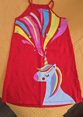 Renkli Unicorn Baskılı Kız Çocuk Elbisesi