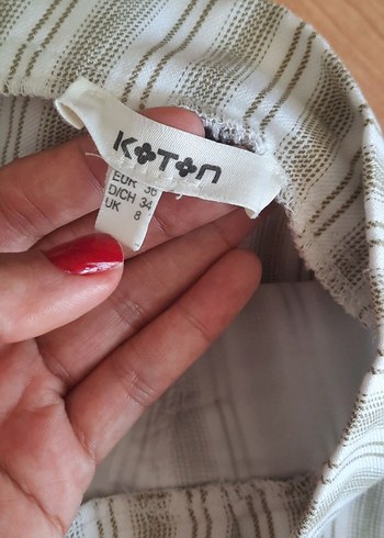 36 Beden altın Renk Düğmeli Bej Çizgili Mini Keten Etek