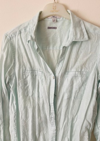 Düğmeli Turkuaz Keten Kadın Gömlek - Görsel 2