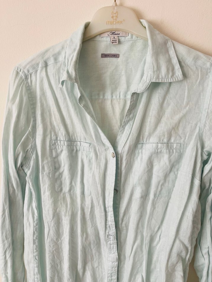 Düğmeli Turkuaz Keten Kadın Gömlek - Görsel 2