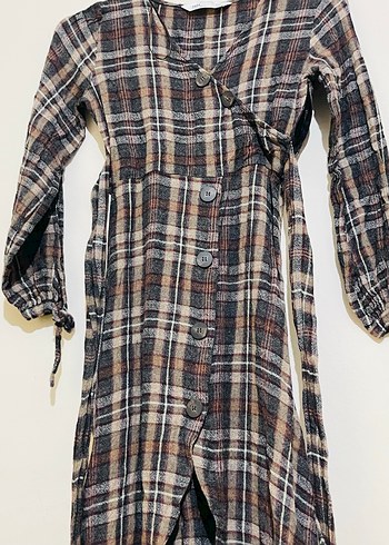 Düğmeli Uzun Kahverengi Ekose Elbise Zara - Görsel 2