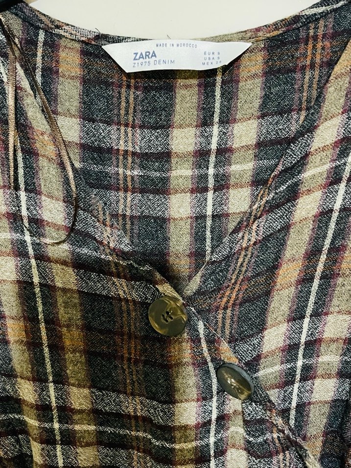 Düğmeli Uzun Kahverengi Ekose Elbise Zara - Görsel 3