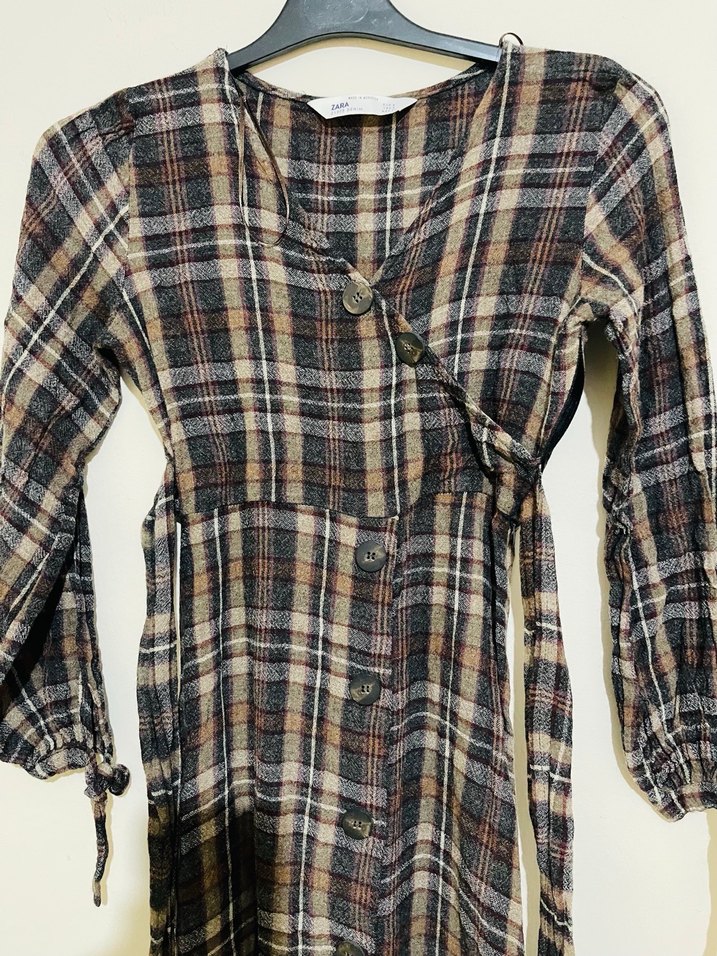 Düğmeli Uzun Kahverengi Ekose Elbise Zara - Görsel 4
