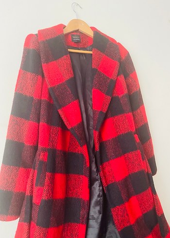 Uzun Ekose Desenli Kırmızı Kaban - Görsel 3