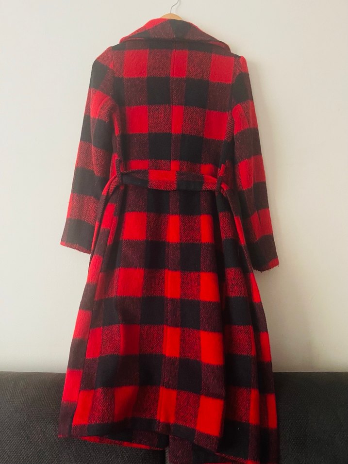 Uzun Ekose Desenli Kırmızı Kaban - Görsel 4