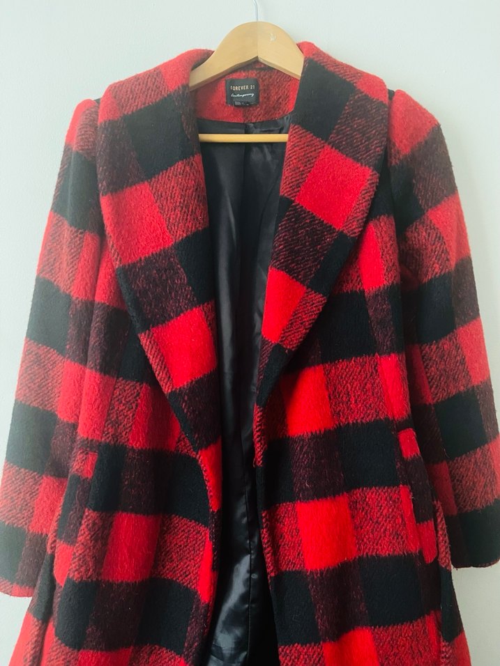 Uzun Ekose Desenli Kırmızı Kaban - Görsel 2