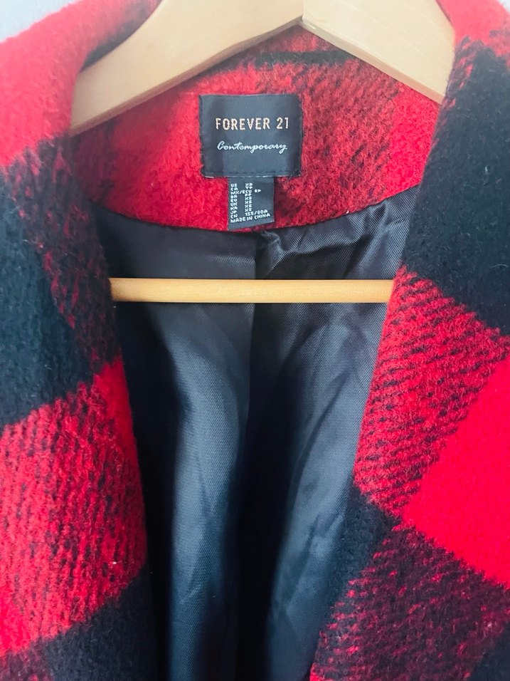 Uzun Ekose Desenli Kırmızı Kaban - Görsel 5