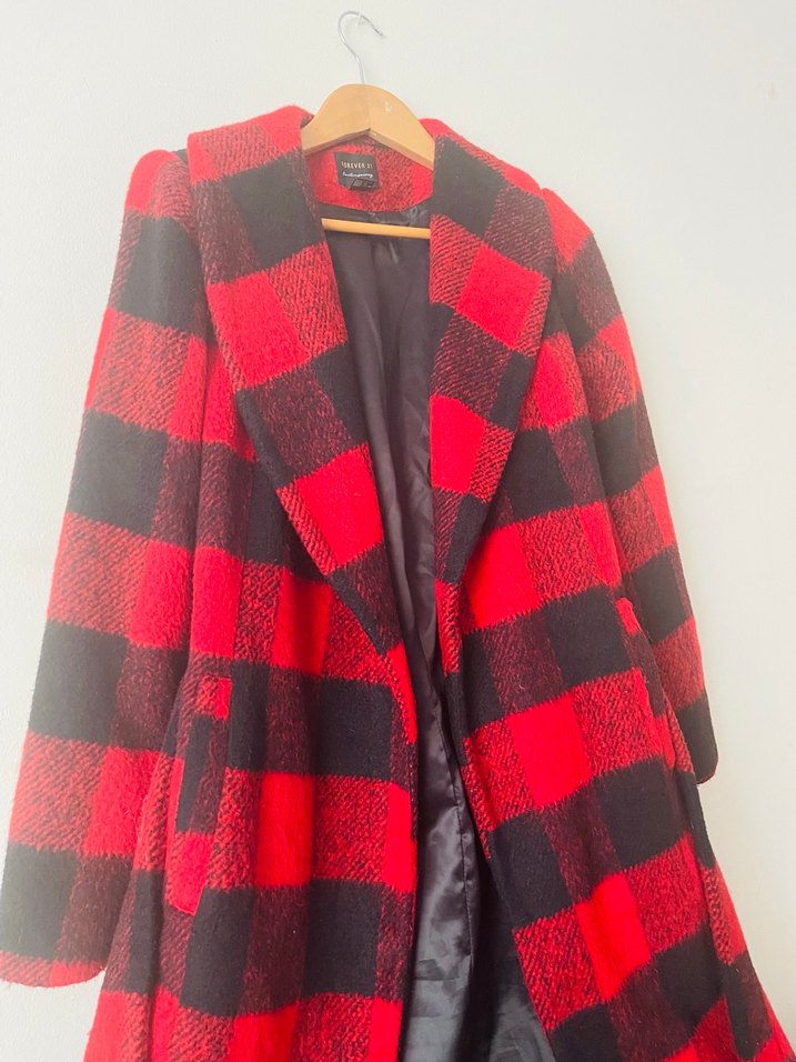 Uzun Ekose Desenli Kırmızı Kaban - Görsel 3