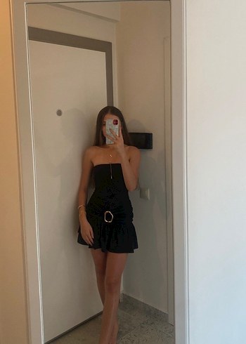 Siyah Mini Straplez Kemerli Elbise