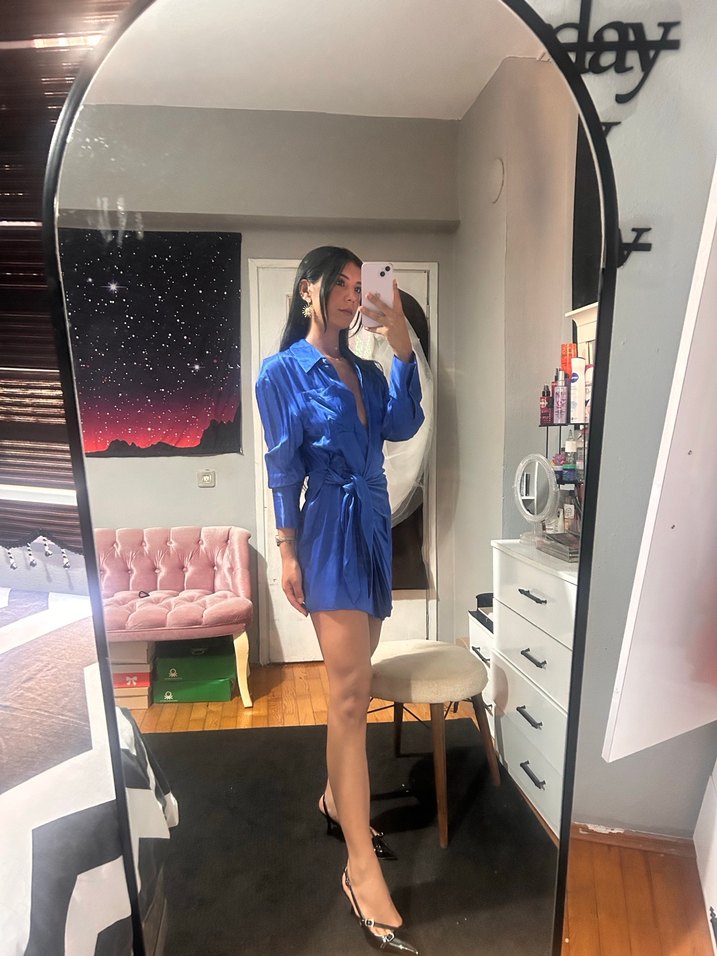 Uzun Kollu Saten Zara Elbise - Görsel 3