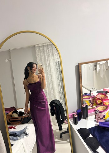 Bordo  Uzun Drapeli Straplez Elbise - Görsel 3