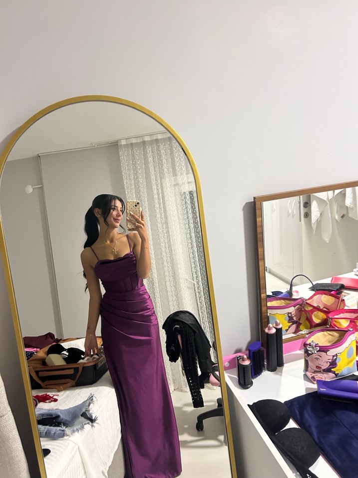 Bordo  Uzun Drapeli Straplez Elbise - Görsel 3