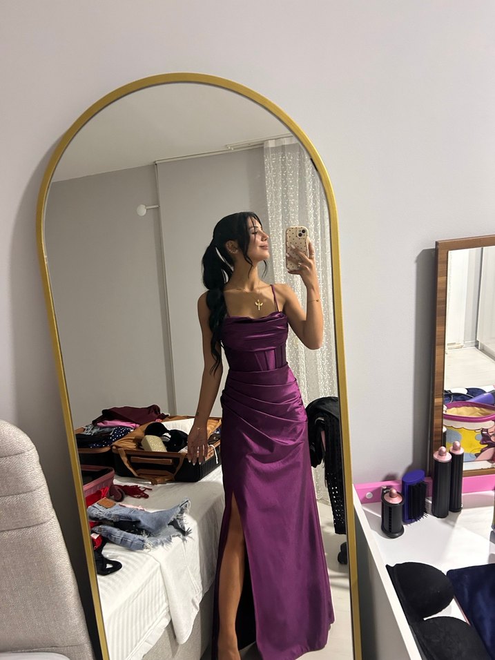 Bordo  Uzun Drapeli Straplez Elbise - Görsel 2