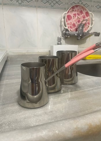 Pembe Saplı Gri Paslanmaz Çelik Cezve - Görsel 3