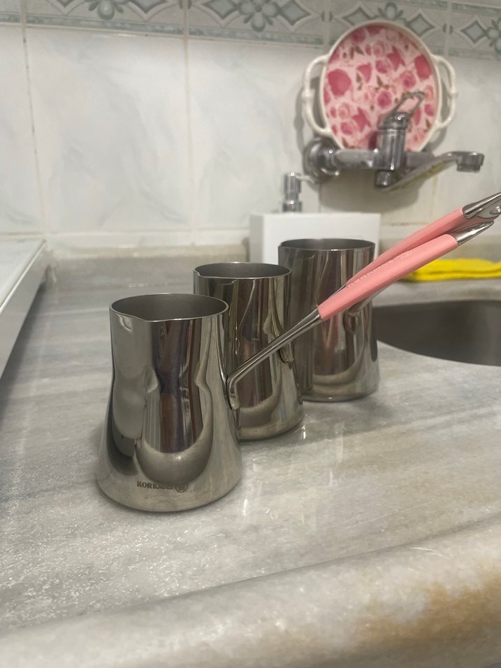 Pembe Saplı Gri Paslanmaz Çelik Cezve - Görsel 3