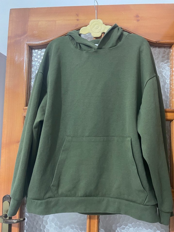 Kadın Haki Renk Kapüşonlu Salaş Sweatshirt - Görsel 2