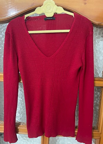 Kırmızı  V Yaka İnce Örgü Kadın Kazak - Görsel 2