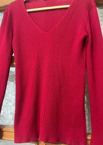 Kırmızı  V Yaka İnce Örgü Kadın Kazak - Görsel 6