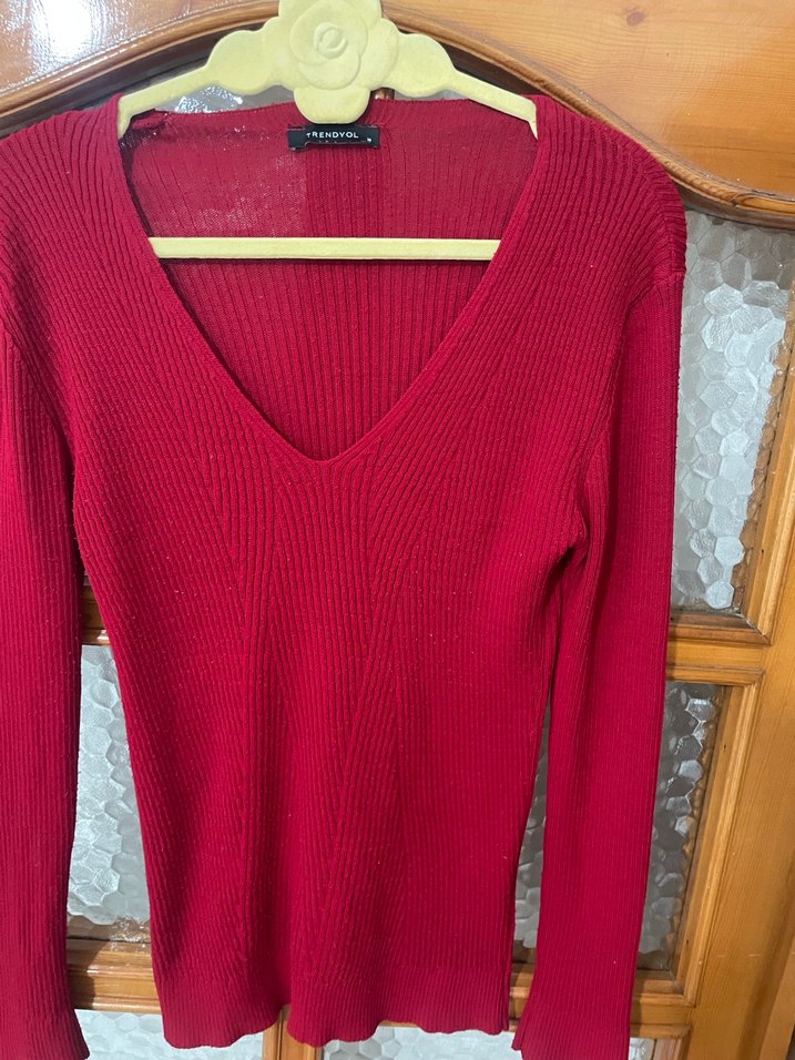 Kırmızı  V Yaka İnce Örgü Kadın Kazak - Görsel 4