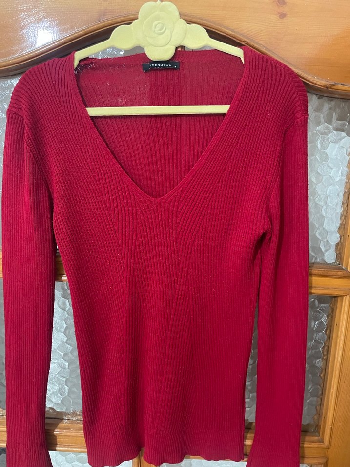 Kırmızı  V Yaka İnce Örgü Kadın Kazak - Görsel 3