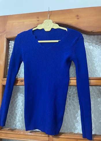 Mavi V Yakalı Triko Kadın Kazak - Görsel 5