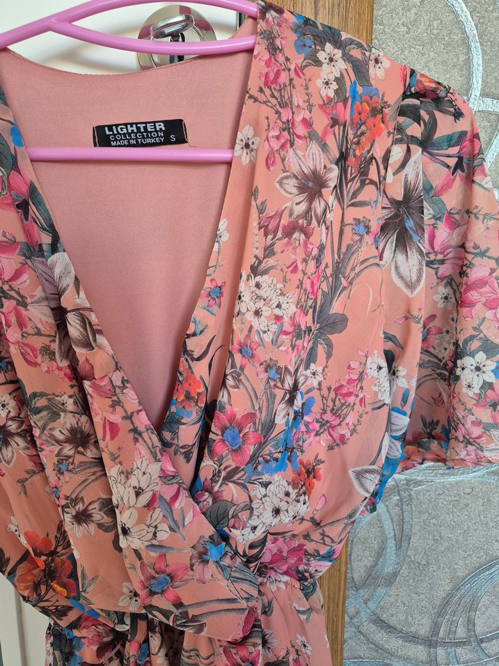 Pembe Çiçek Desenli Uzun Elbise - Görsel 2